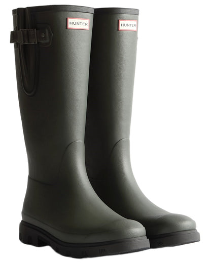 Dark Olive Black coloured Hunter Womens Field Downpour Adjustable Wellingtons on white background 
