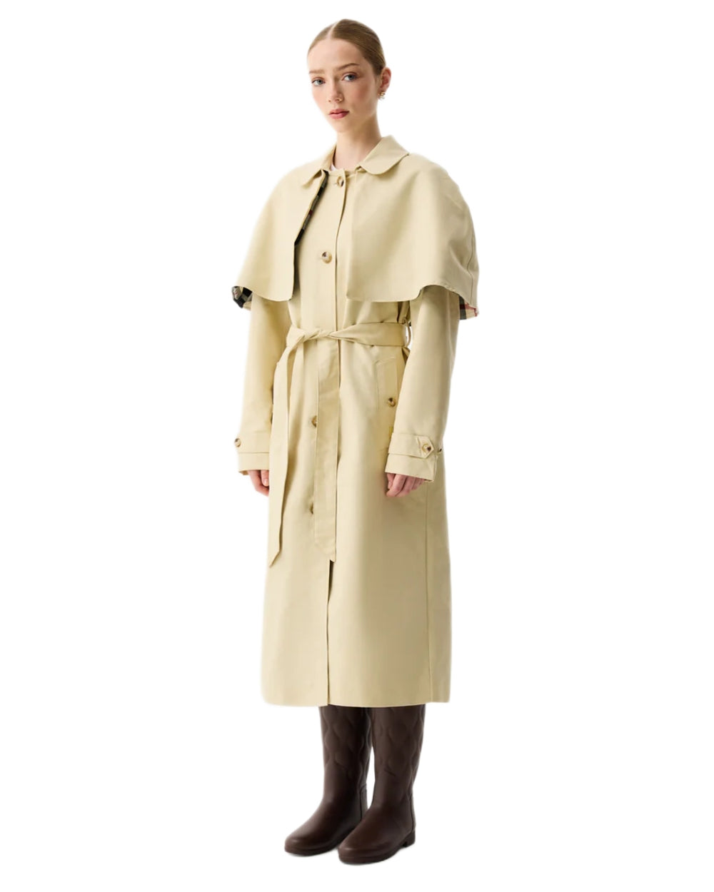 Gravel coloured Hunter Womens Keltie Cape Trench on white background 