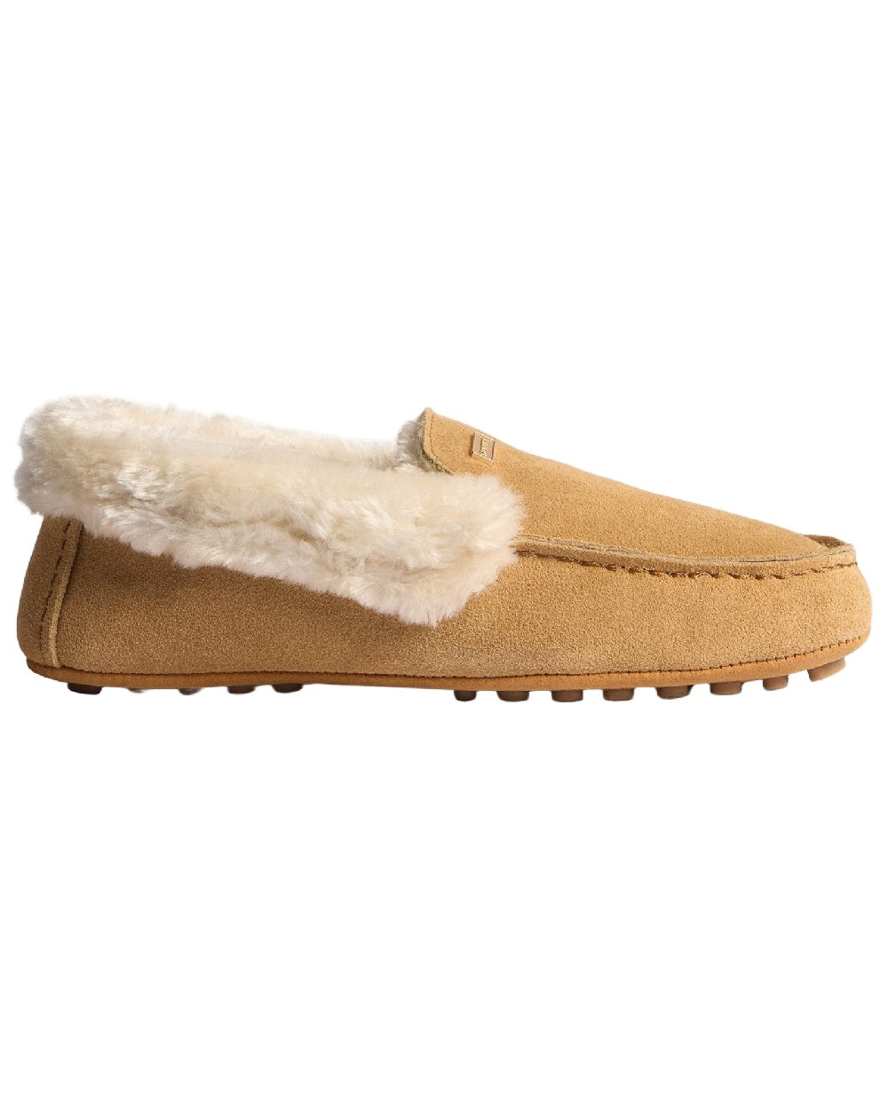 Biscuit Coloured Hunter Womens Moccasin Slipper Sherpa Shoes on white background 