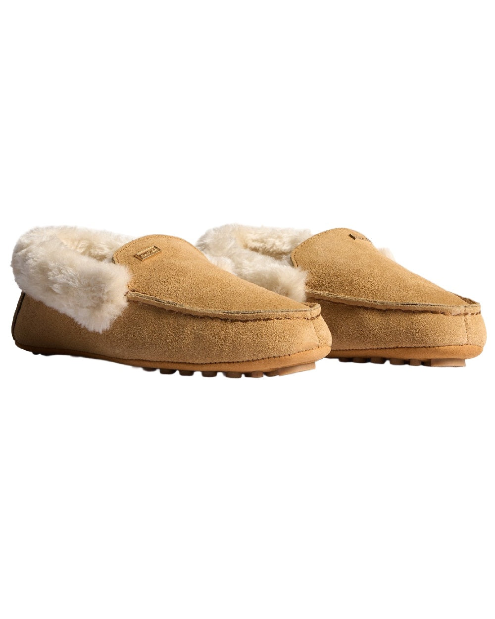 Biscuit Coloured Hunter Womens Moccasin Slipper Sherpa Shoes on white background 