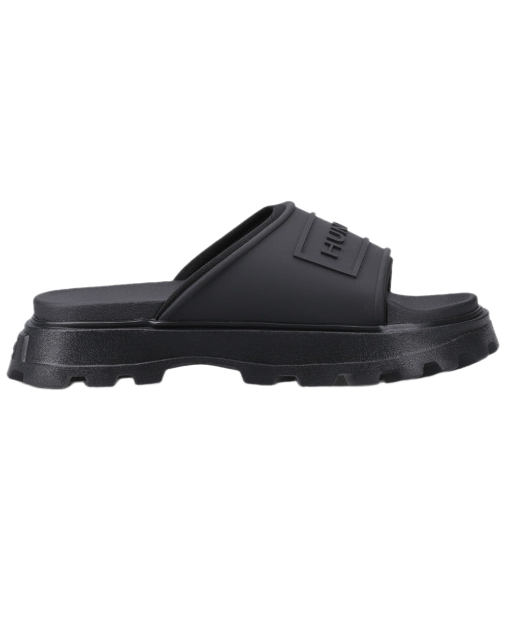 Black Coloured Hunter Womens Moulded Stacked Sliders on white background 
