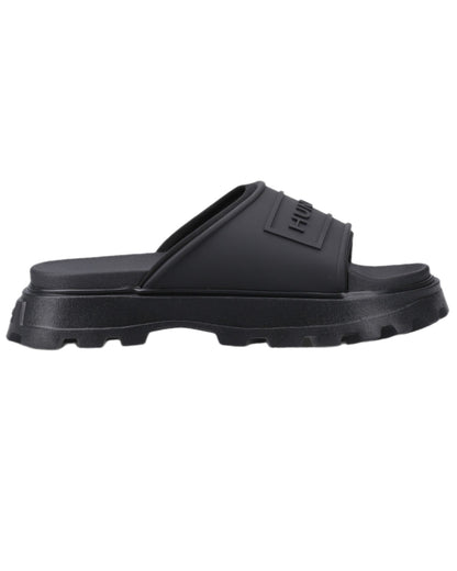 Black Coloured Hunter Womens Moulded Stacked Sliders on white background 