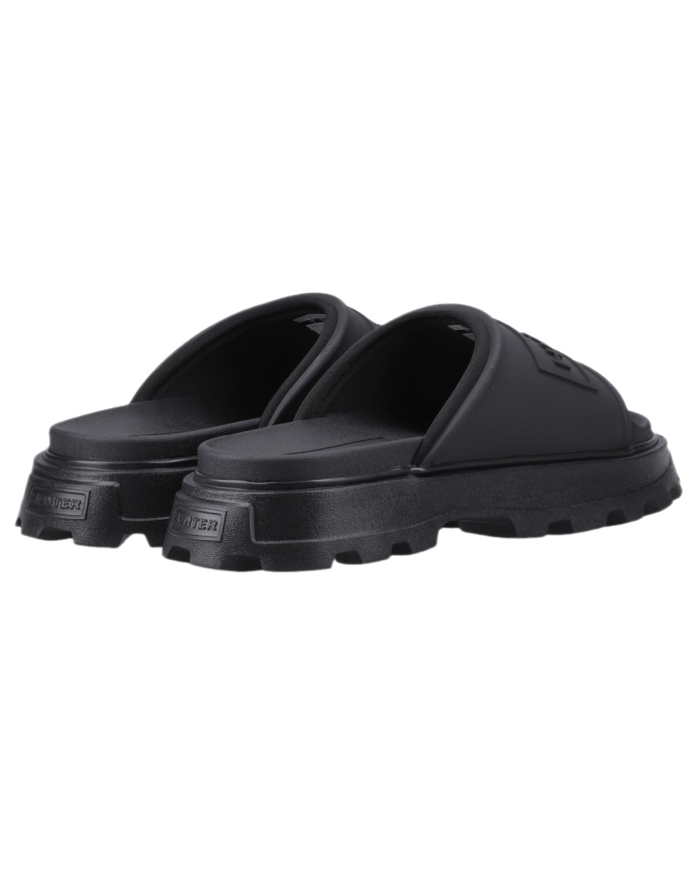 Black Coloured Hunter Womens Moulded Stacked Sliders on white background 