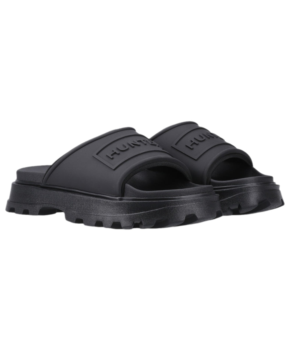 Black Coloured Hunter Womens Moulded Stacked Sliders on white background 