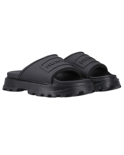 Black Coloured Hunter Womens Moulded Stacked Sliders on white background 