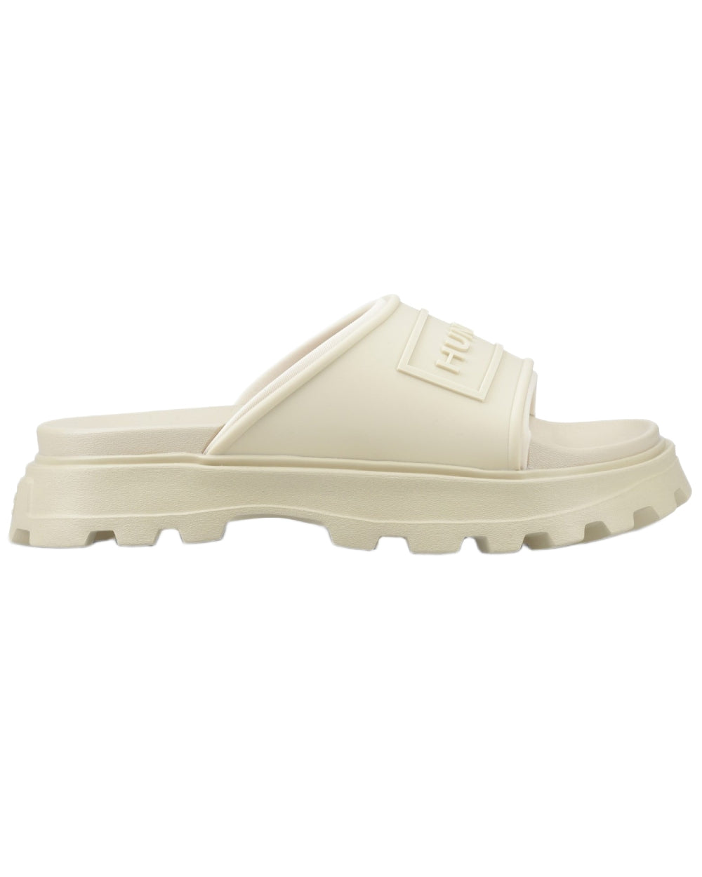 Gravel Coloured Hunter Womens Moulded Stacked Sliders on white background 