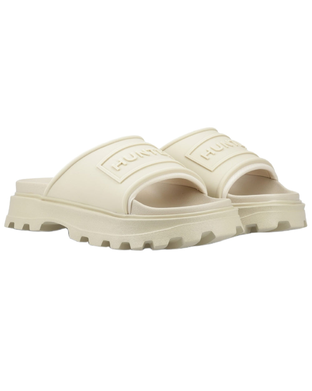 Gravel Coloured Hunter Womens Moulded Stacked Sliders on white background 