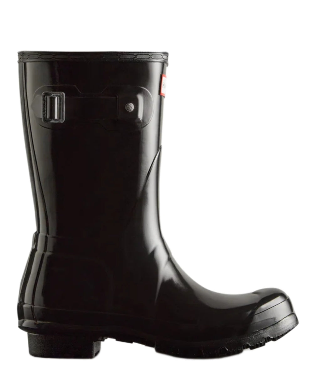 Black coloured Hunter Womens Original Short Gloss Wellingtons on white background 