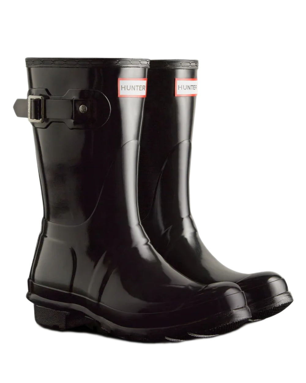 Black coloured Hunter Womens Original Short Gloss Wellingtons on white background 