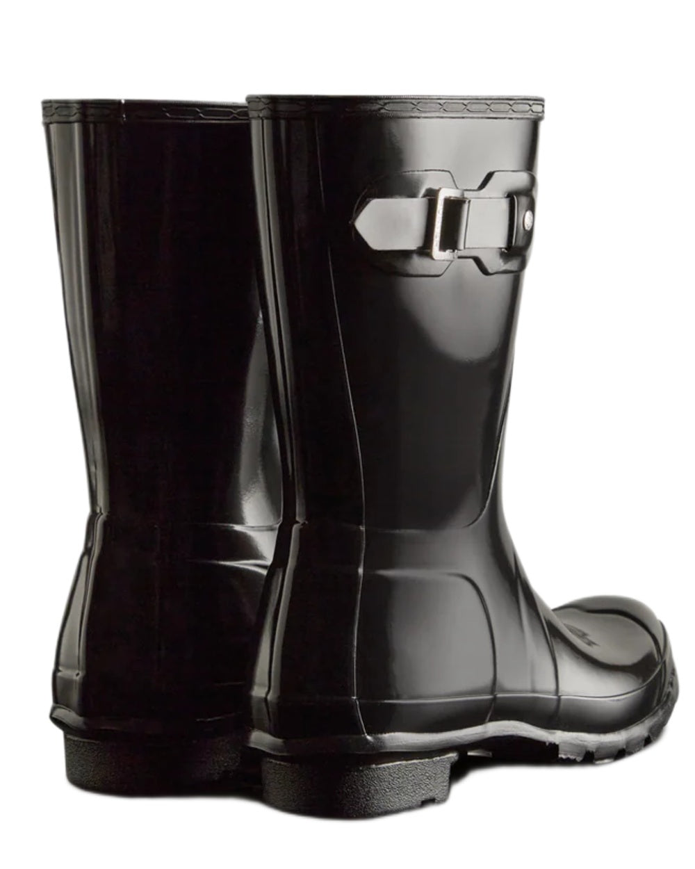 Black coloured Hunter Womens Original Short Gloss Wellingtons on white background 