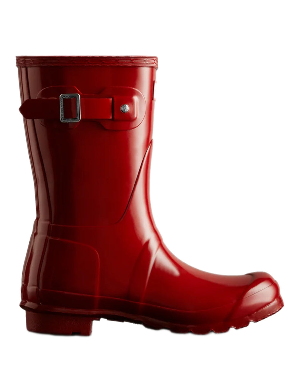Military Red coloured Hunter Womens Original Short Gloss Wellingtons on white background 