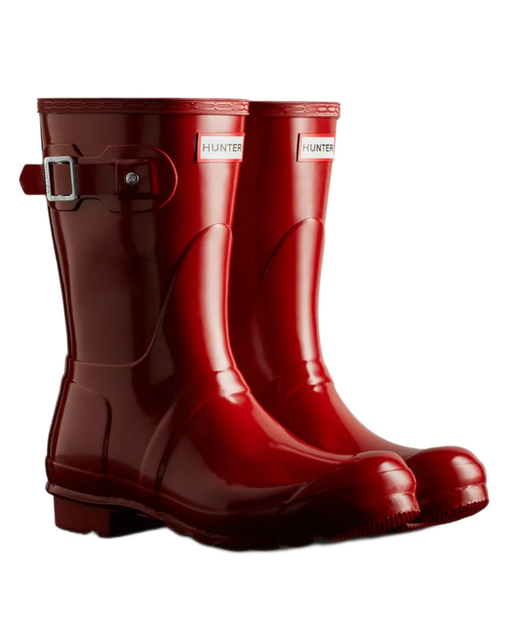 Military Red coloured Hunter Womens Original Short Gloss Wellingtons on white background 
