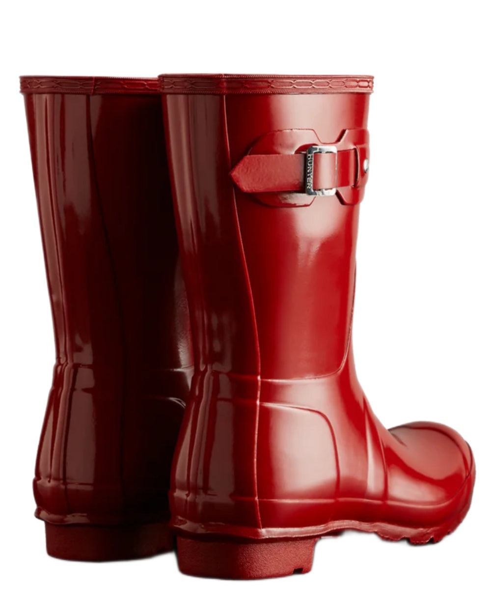 Military Red coloured Hunter Womens Original Short Gloss Wellingtons on white background 