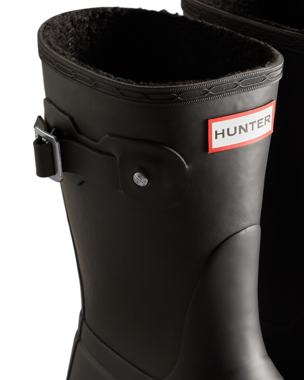 Black coloured Hunter Womens Original Short Insulated Wellingtons on white background 