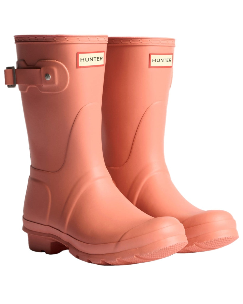 Terracotta Coloured Hunter Womens Original Short Wellingtons on white background 