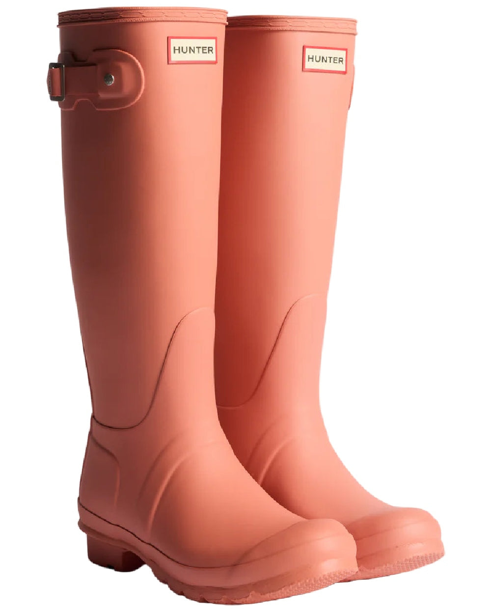 Terracotta Coloured Hunter Womens Original Tall Wellingtons on white background 