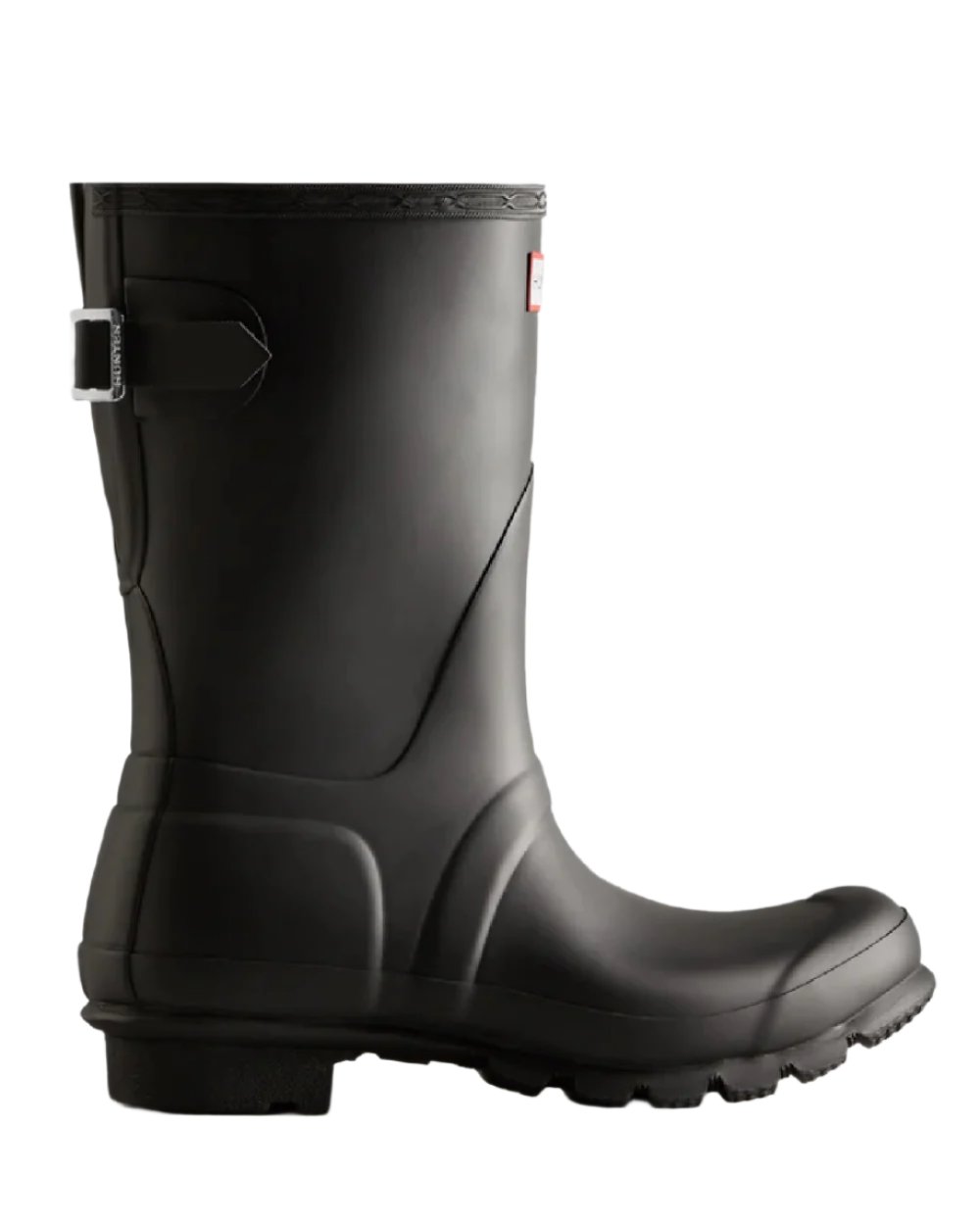 Black coloured Hunter Womens Originals Short Back Adjustable Wellington Boots on white background 