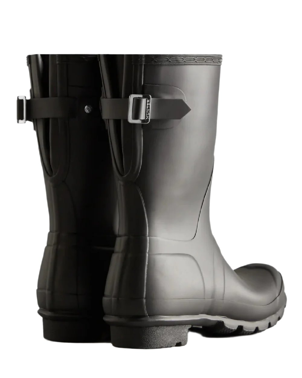 Black coloured Hunter Womens Originals Short Back Adjustable Wellington Boots on white background 