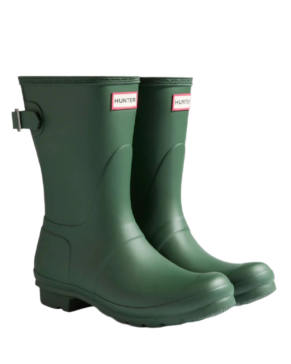 Hunter Green coloured Hunter Womens Originals Short Back Adjustable Wellington Boots on white background 