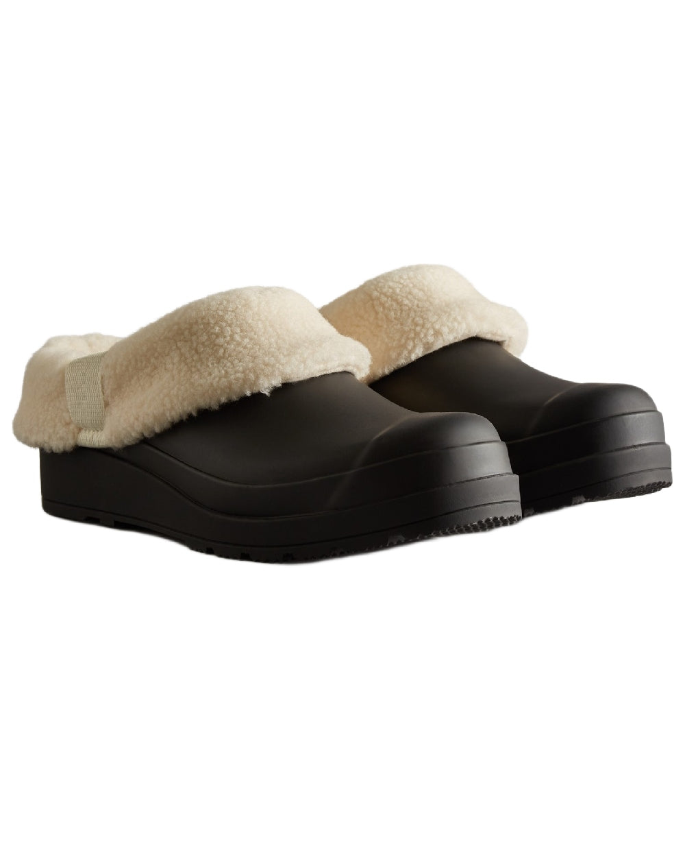 Black Coloured Hunter Womens Play Insulated Clogs on white background 