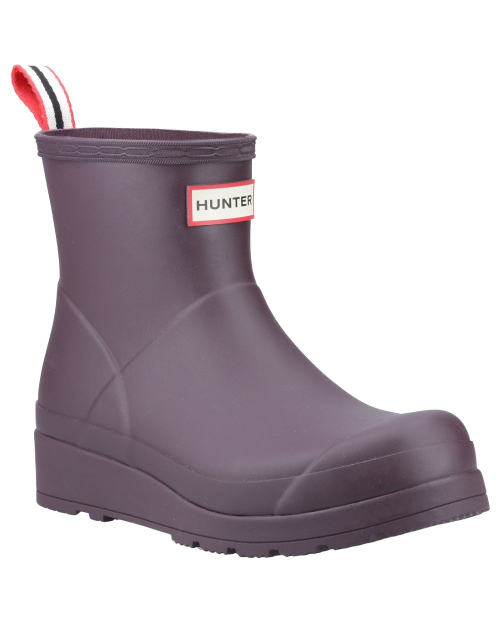 Black Grape Coloured Hunter Womens Play Short Wellingtons on white background
