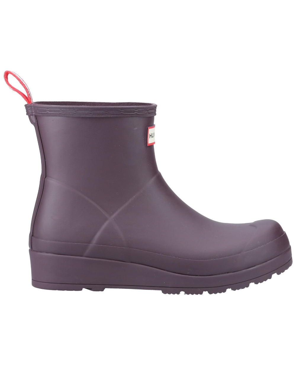 Black Grape Coloured Hunter Womens Play Short Wellingtons on white background
