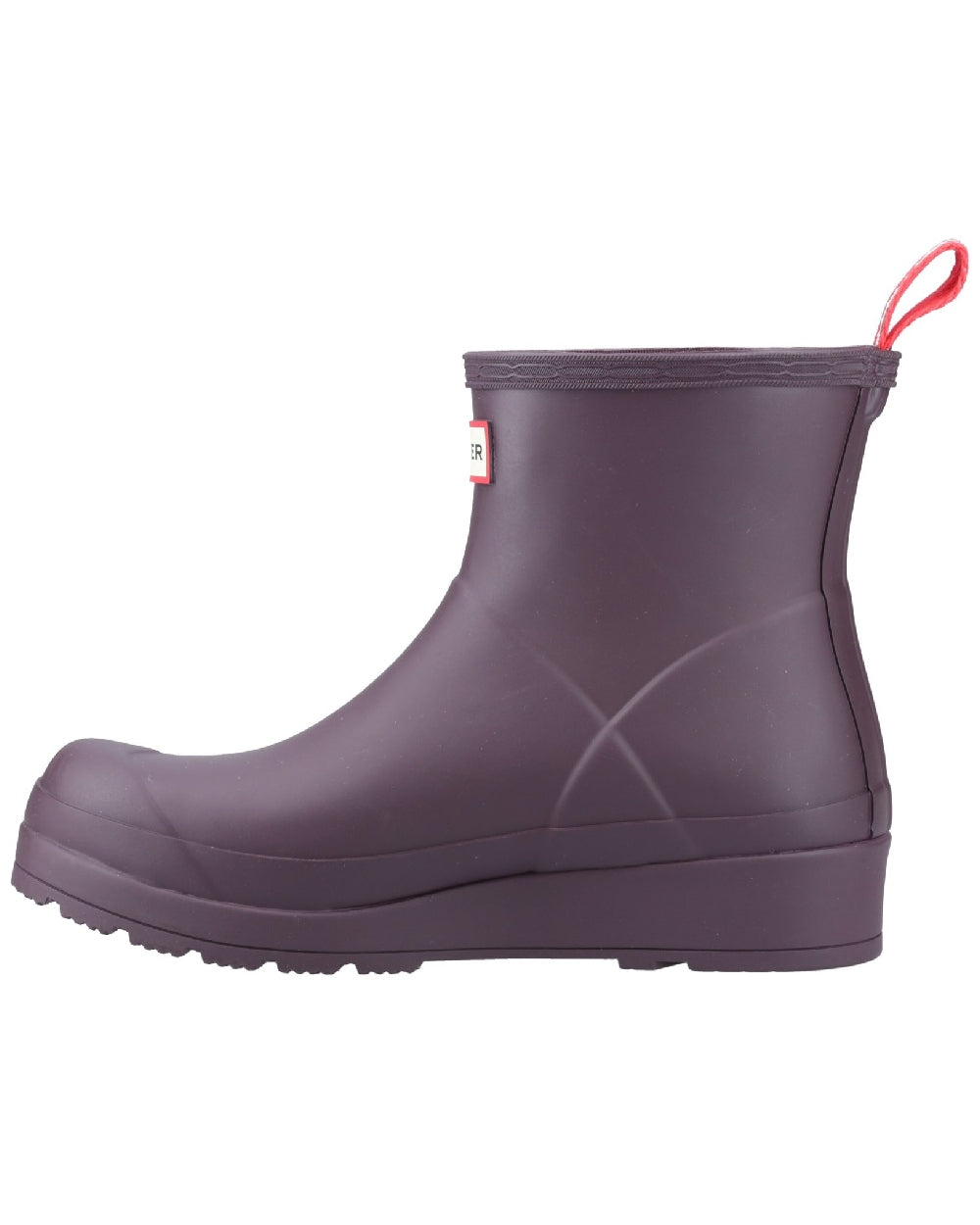 Black Grape Coloured Hunter Womens Play Short Wellingtons on white background
