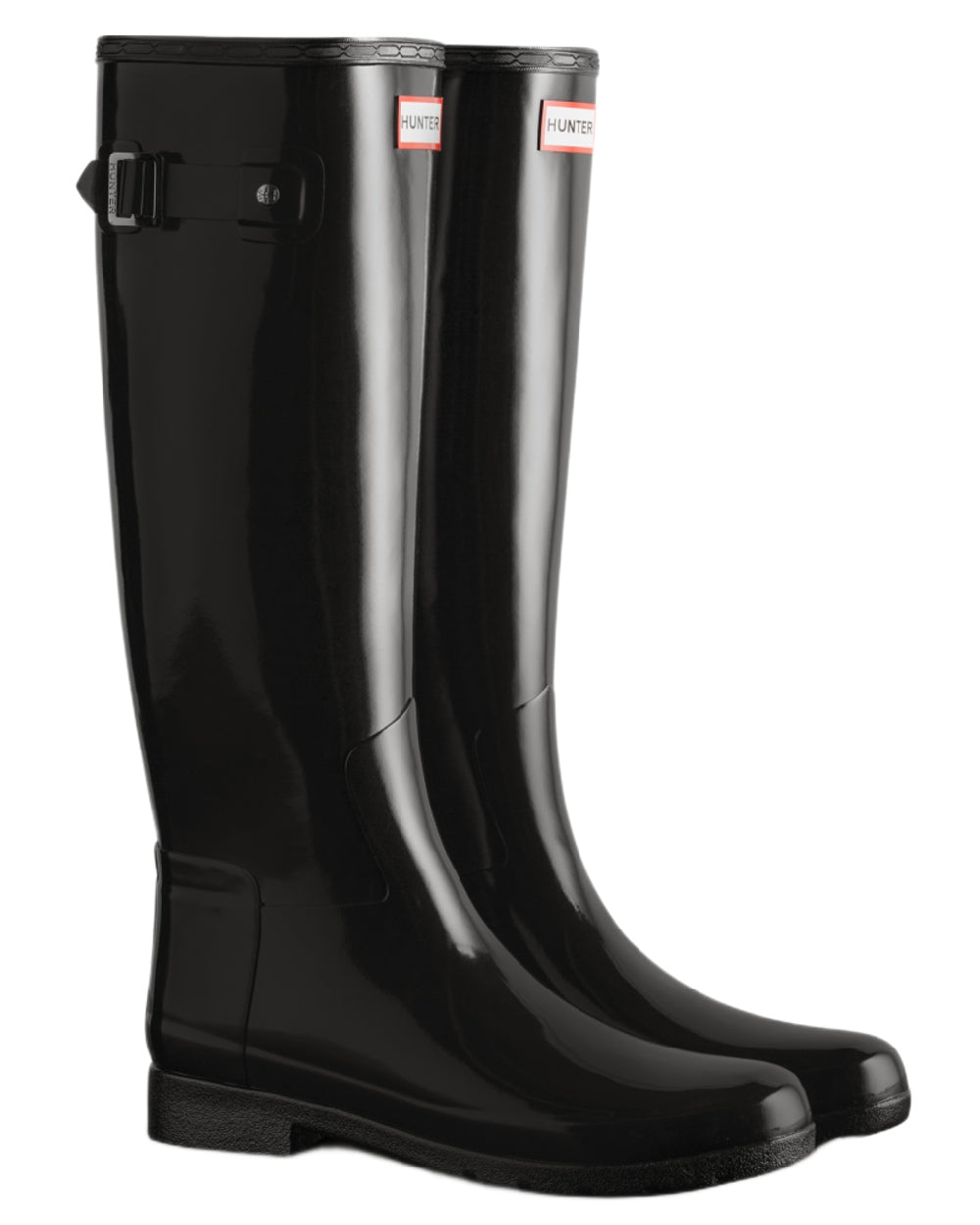 Black coloured Hunter Womens Refined Slim Fit Tall Gloss Wellingtons on white background 