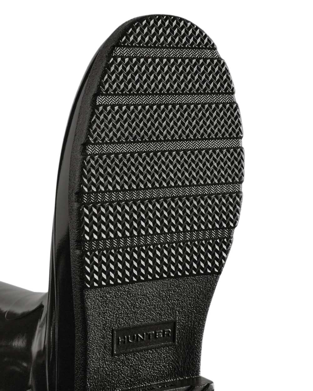 Black coloured Hunter Womens Refined Slim Fit Tall Gloss Wellingtons on white background 