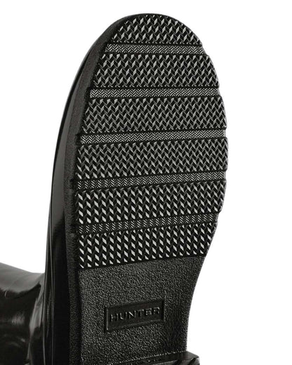 Black coloured Hunter Womens Refined Slim Fit Tall Gloss Wellingtons on white background 