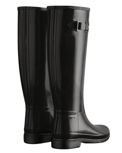 Black coloured Hunter Womens Refined Slim Fit Tall Gloss Wellingtons on white background 