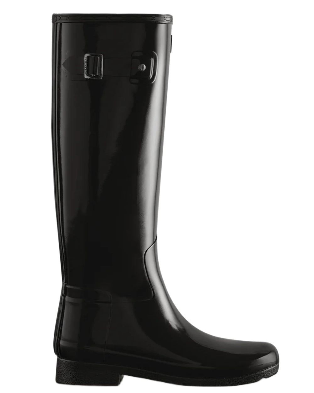 Black coloured Hunter Womens Refined Slim Fit Tall Gloss Wellingtons on white background 