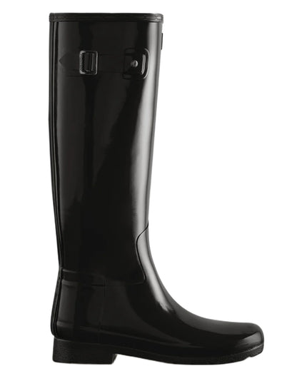 Black coloured Hunter Womens Refined Slim Fit Tall Gloss Wellingtons on white background 