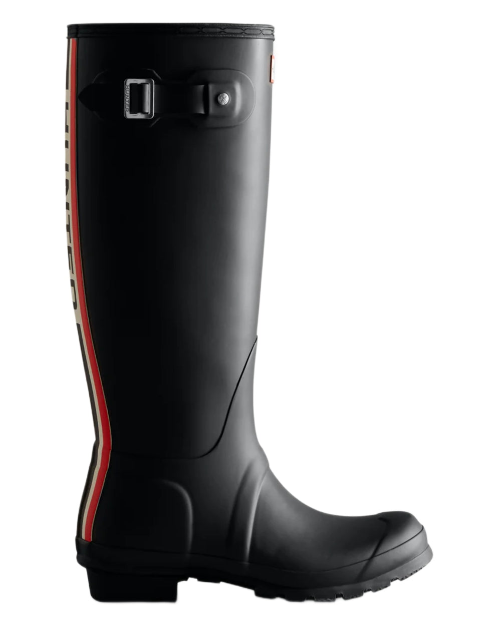 Black coloured Hunter Womens Tri-Colour Logo Backstrap Tall Wellingtons on white background 
