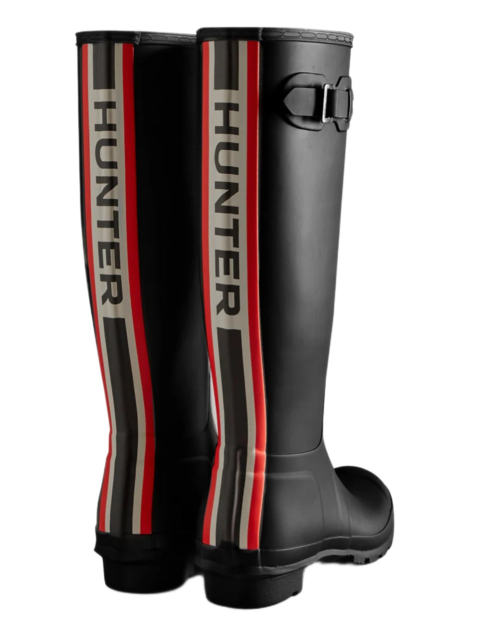 Black coloured Hunter Womens Tri-Colour Logo Backstrap Tall Wellingtons on white background 