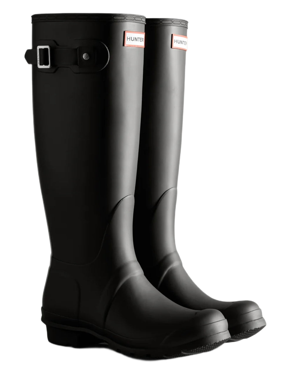Black coloured Hunter Womens Tri-Colour Logo Backstrap Tall Wellingtons on white background 