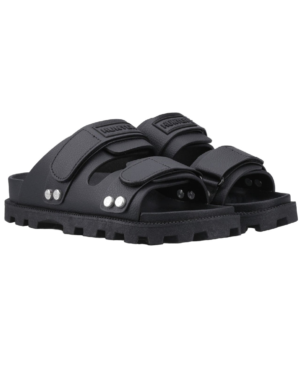 Black Coloured Hunter Womens Vegan Synthetic Sandals on white background 