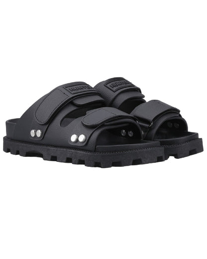 Black Coloured Hunter Womens Vegan Synthetic Sandals on white background 