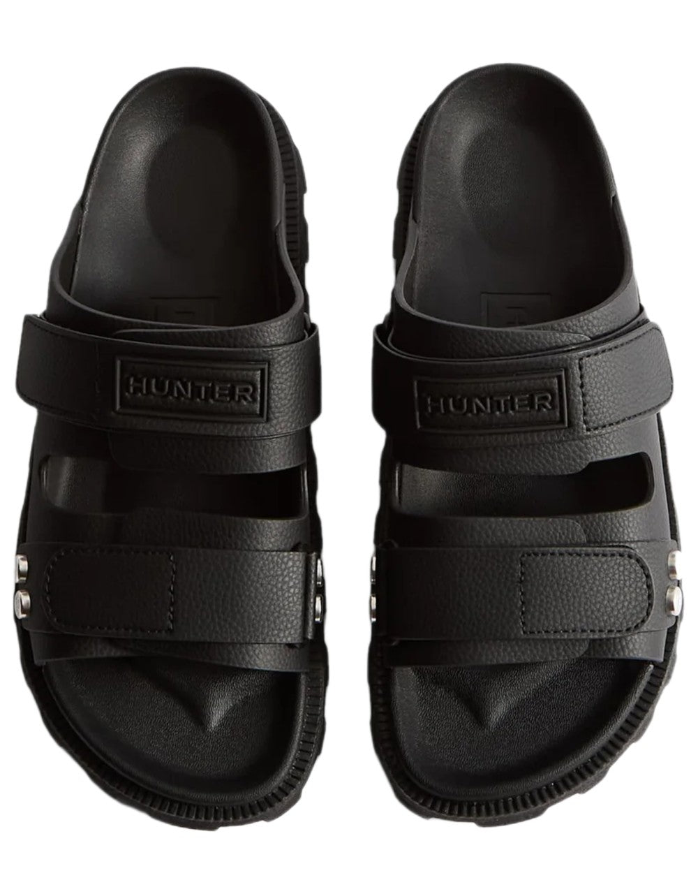 Black Coloured Hunter Womens Vegan Synthetic Sandals on white background 