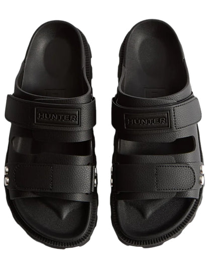 Black Coloured Hunter Womens Vegan Synthetic Sandals on white background 