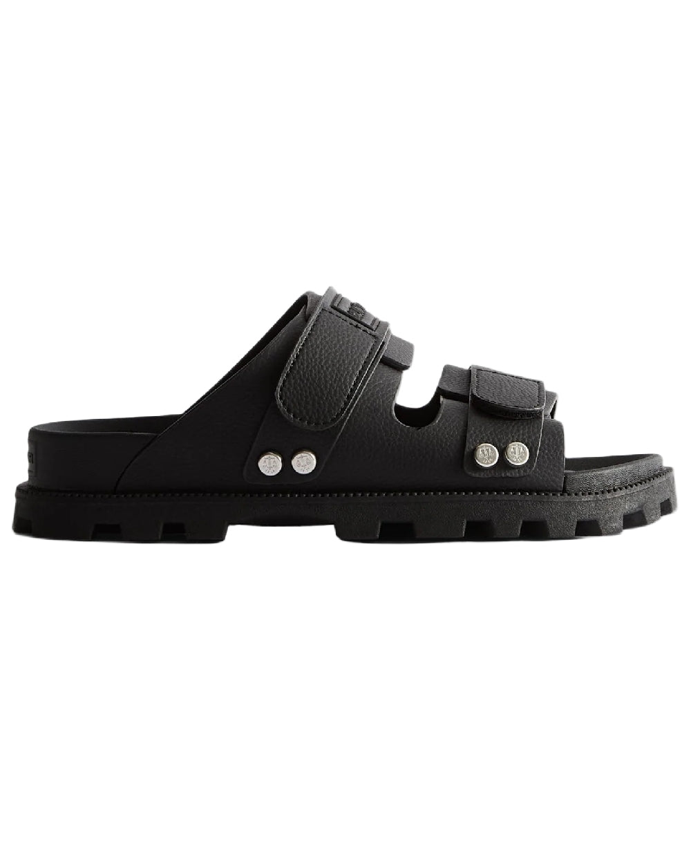 Black Coloured Hunter Womens Vegan Synthetic Sandals on white background 