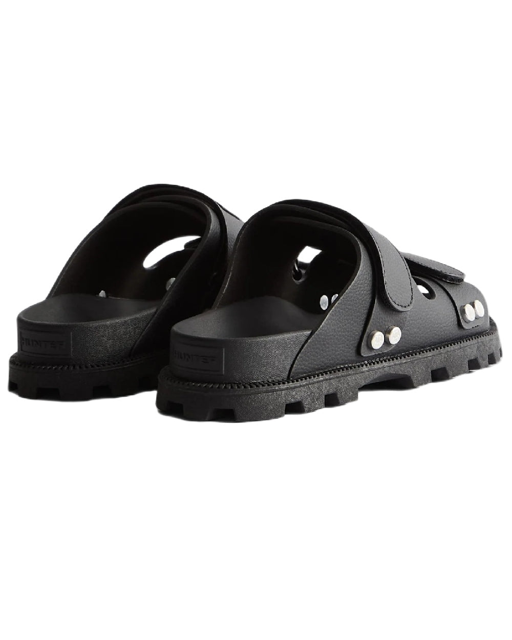 Black Coloured Hunter Womens Vegan Synthetic Sandals on white background 