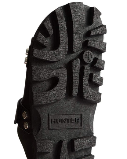 Black Coloured Hunter Womens Vegan Synthetic Sandals on white background 