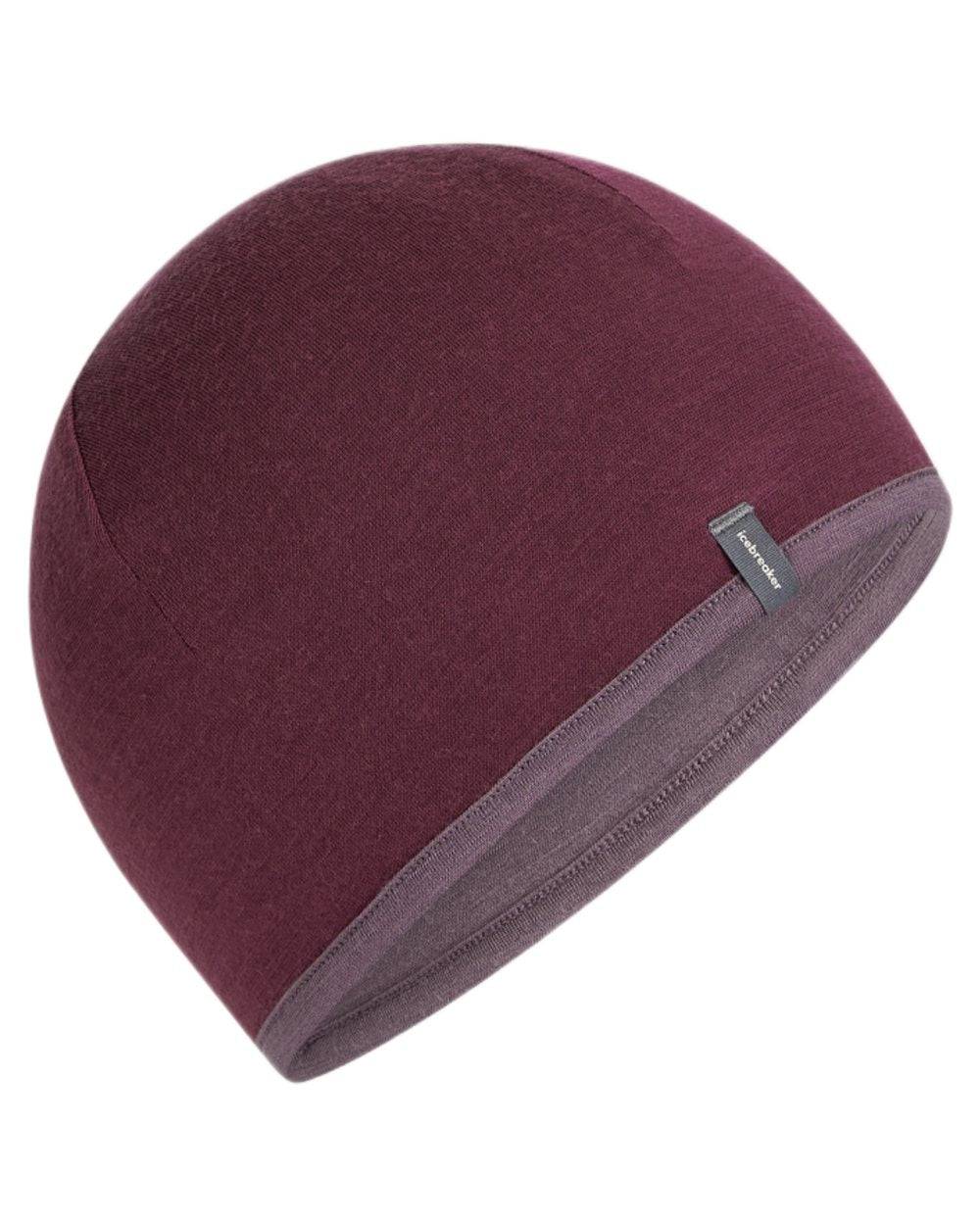 Dark Berry Grey Plum coloured Icebreaker 200 Oasis Reversible Beanie on white background 