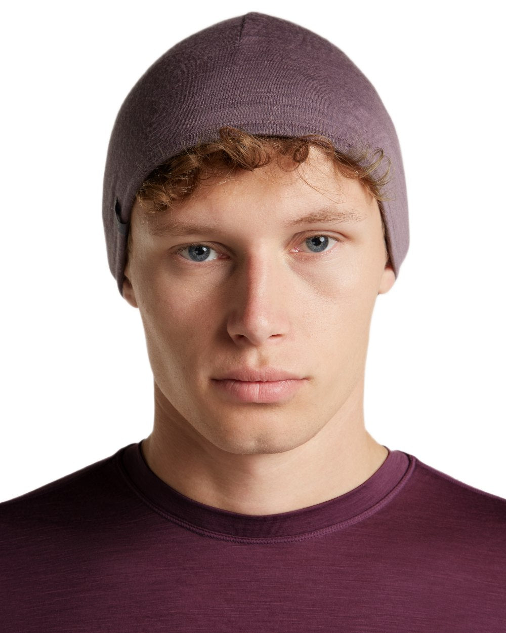 Dark Berry Grey Plum coloured Icebreaker 200 Oasis Reversible Beanie on white background 
