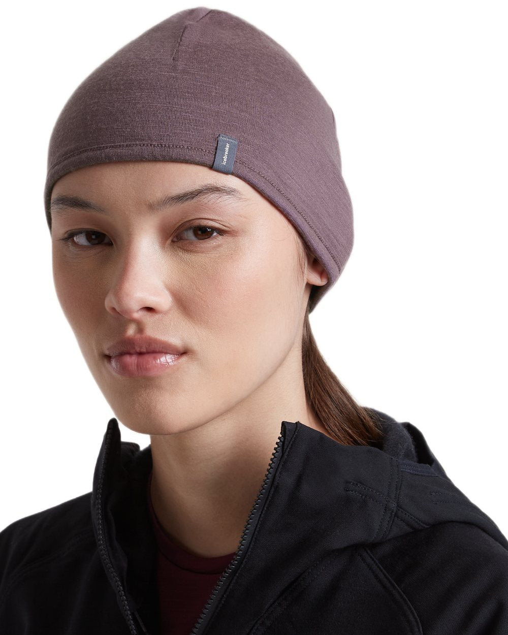 Dark Berry Grey Plum coloured Icebreaker 200 Oasis Reversible Beanie on white background 