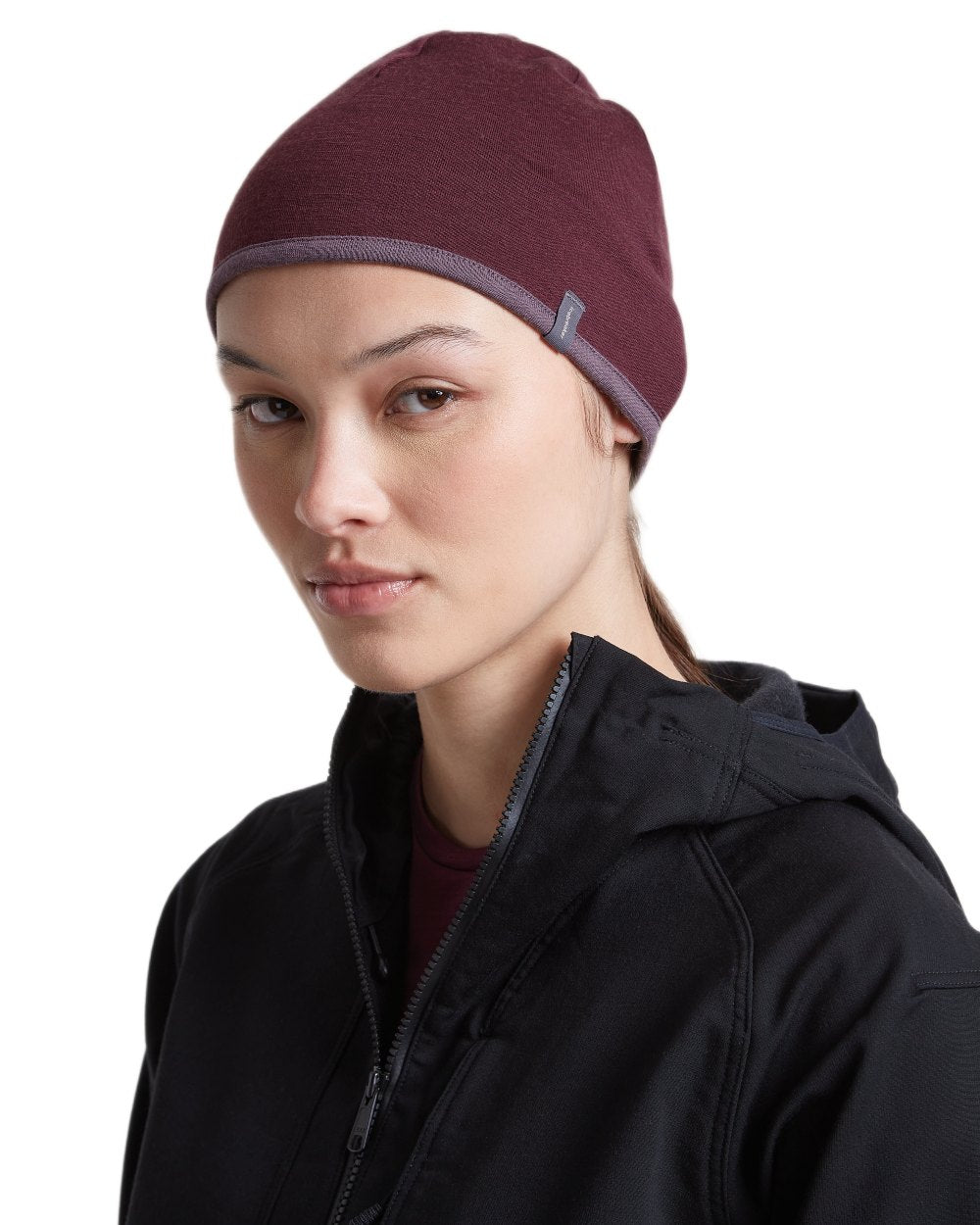 Dark Berry Grey Plum coloured Icebreaker 200 Oasis Reversible Beanie on white background 