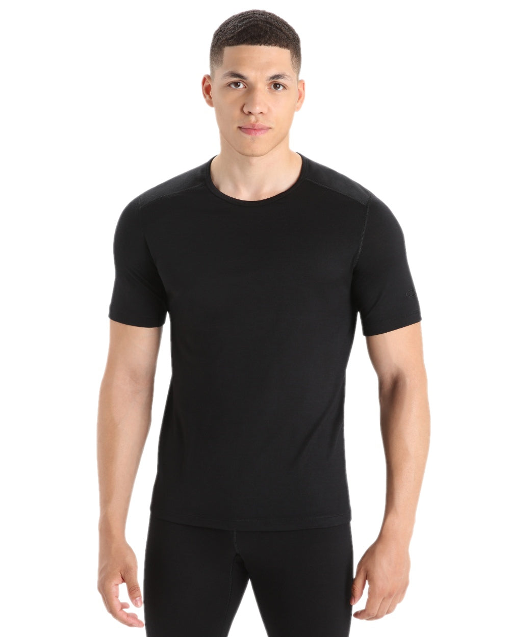 Black Coloured Icebreaker Mens Merino 200 Oasis Crewe Short Sleeve Thermal Top on white background 