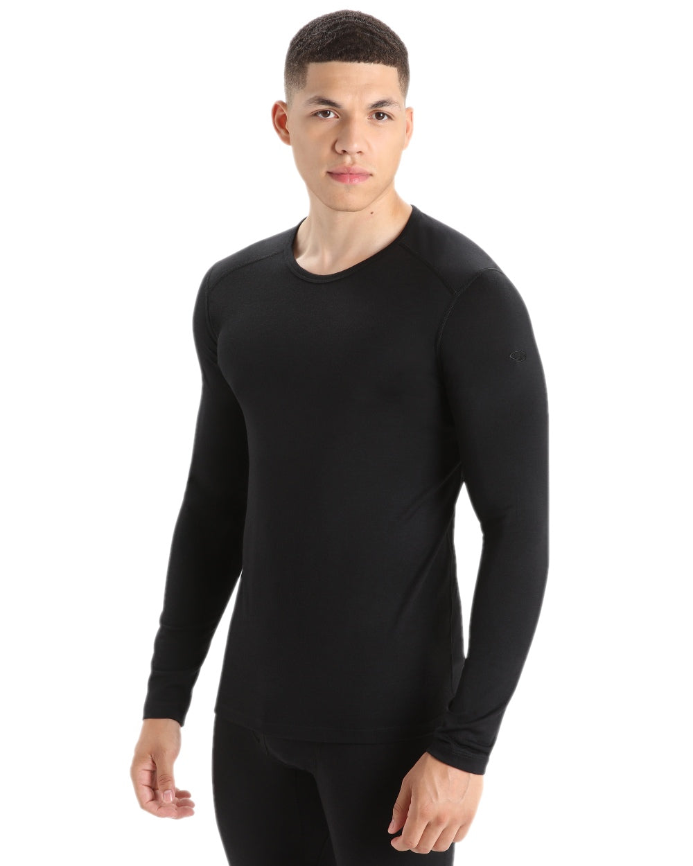 Black Coloured Icebreaker Mens Merino 200 Oasis Crewe Thermal Top on white background 