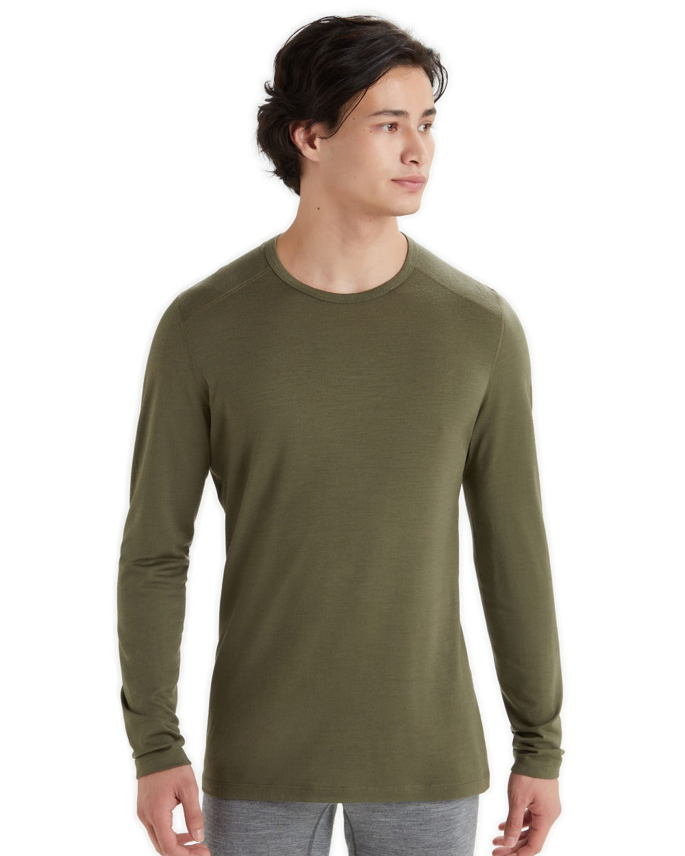 Loden Coloured Icebreaker Mens Merino 200 Oasis Crewe Thermal Top on white background 